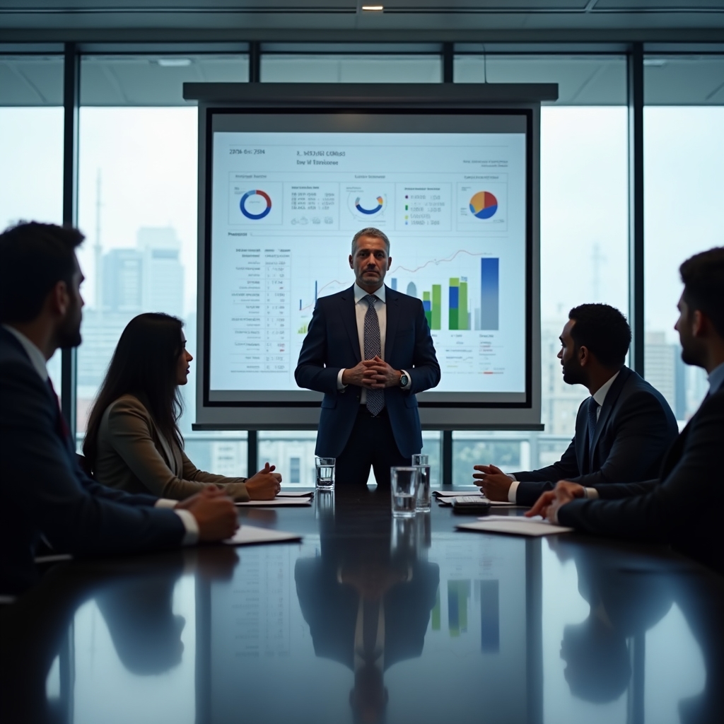 Echipă corporativă discutând rezultate de date într-o sală de ședințe